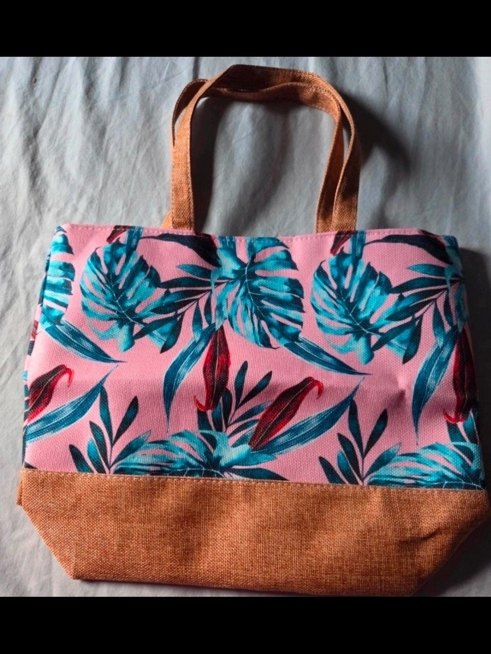 Pink Tropical Leaf Tote with Tan Base